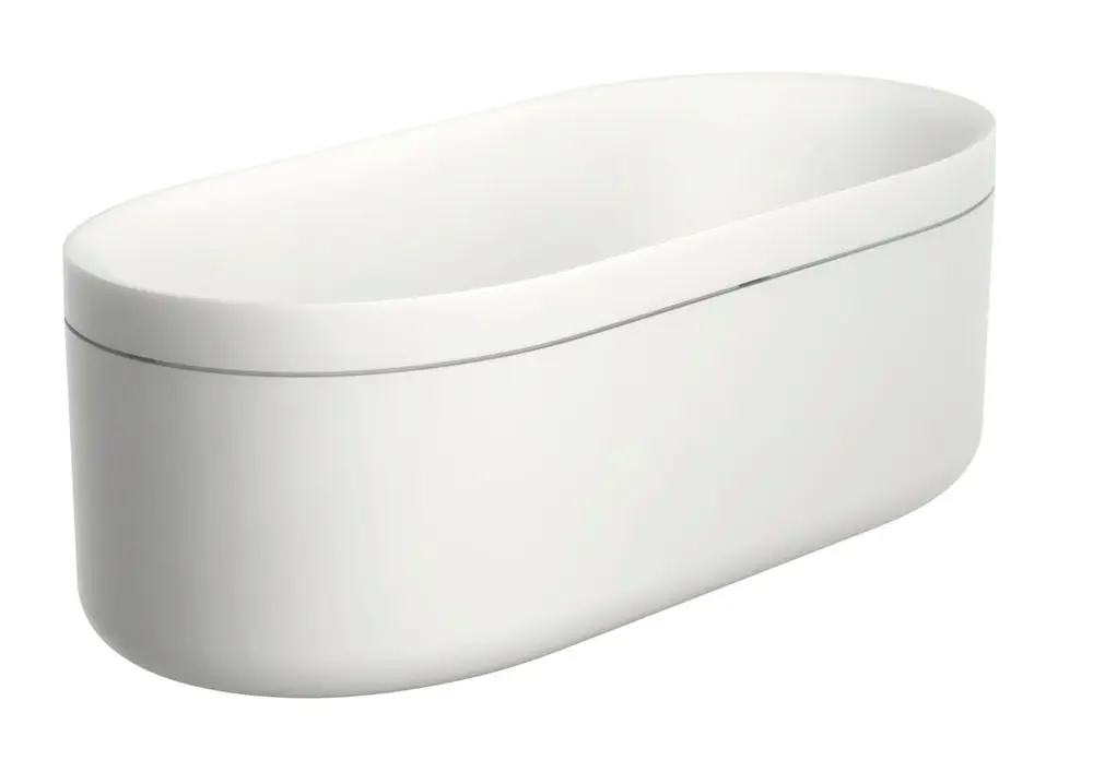 Weiße Badewanne von AXOR mit ovaler Form, minimalistischer Gestaltung und glatter Oberfläche, auf heller Fläche dargestellt.